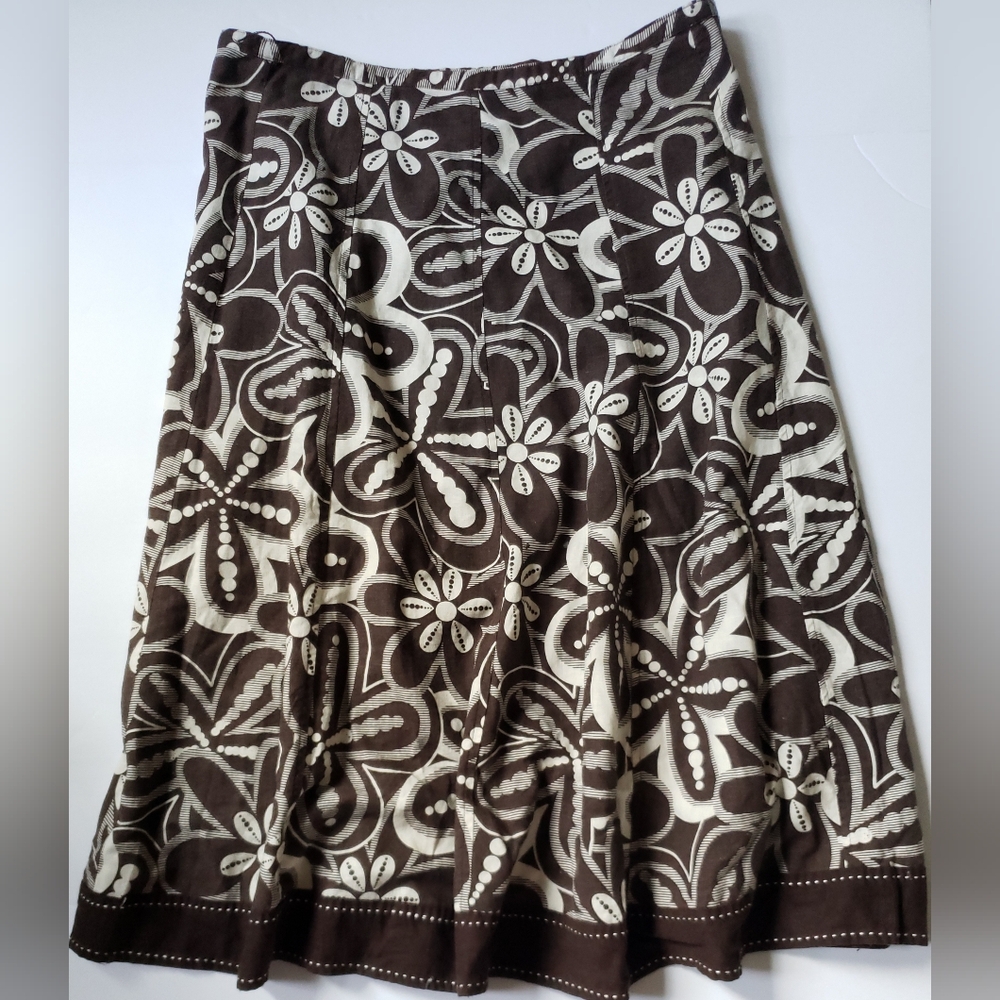 Susan Bristol Floral Midi Skirt Women's Size 8 Chocolate Brown Linen & Viscose
